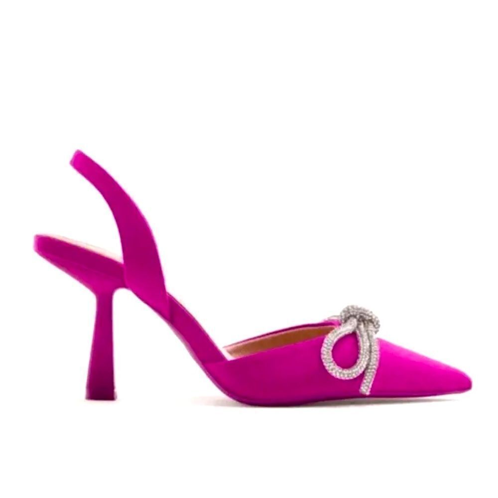 NWT ZARA Fuchsia Pink Satin Embellished Crystal Bow Sling Back Heels Sz 6.5 - Picture 3 of 4